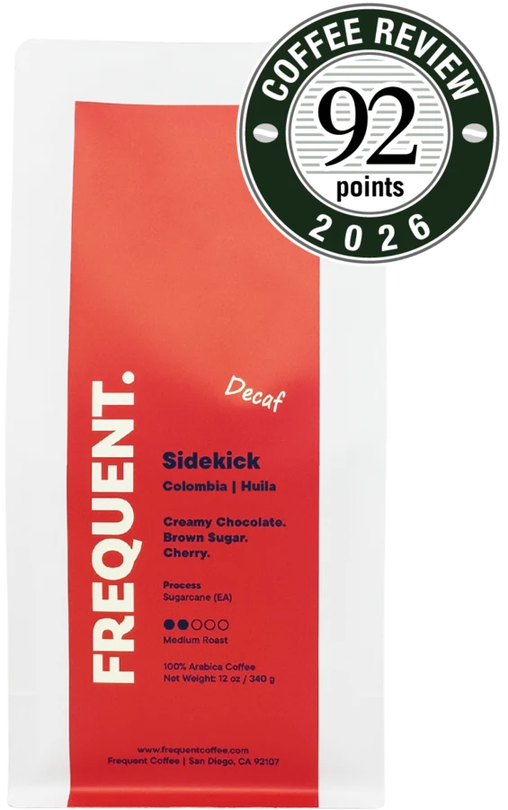 A bag of Frequent Coffee Sidekick decaf